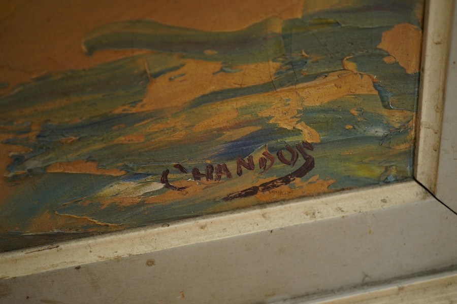 Chandos, Mediterranean street scene before a harbour, signed, impasto oil on canvas, 49 x 59cm